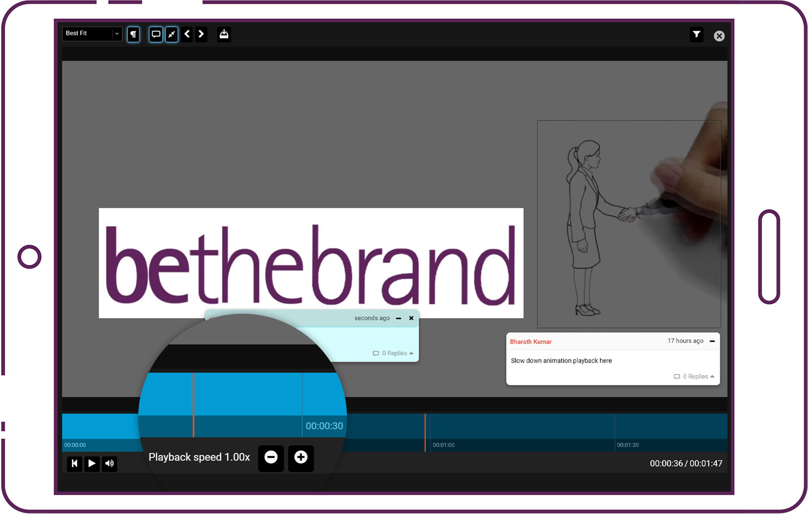 Screenshot demonstrating the video markup capabilities of bethebrand